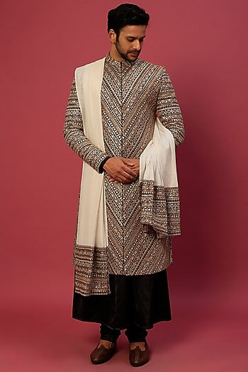 Multi-Colored Georgette Herringbone Embroidered Sherwani Set