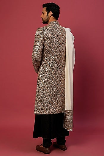 Multi-Colored Georgette Herringbone Embroidered Sherwani Set