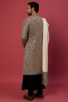 Multi-Colored Georgette Herringbone Embroidered Sherwani Set