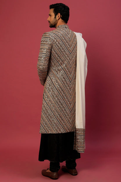 Multi-Colored Georgette Herringbone Embroidered Sherwani Set