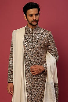 Multi-Colored Georgette Herringbone Embroidered Sherwani Set