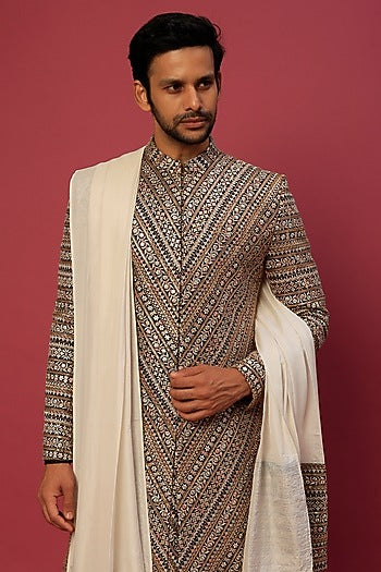 Multi-Colored Georgette Herringbone Embroidered Sherwani Set