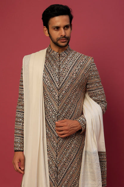 Multi-Colored Georgette Herringbone Embroidered Sherwani Set