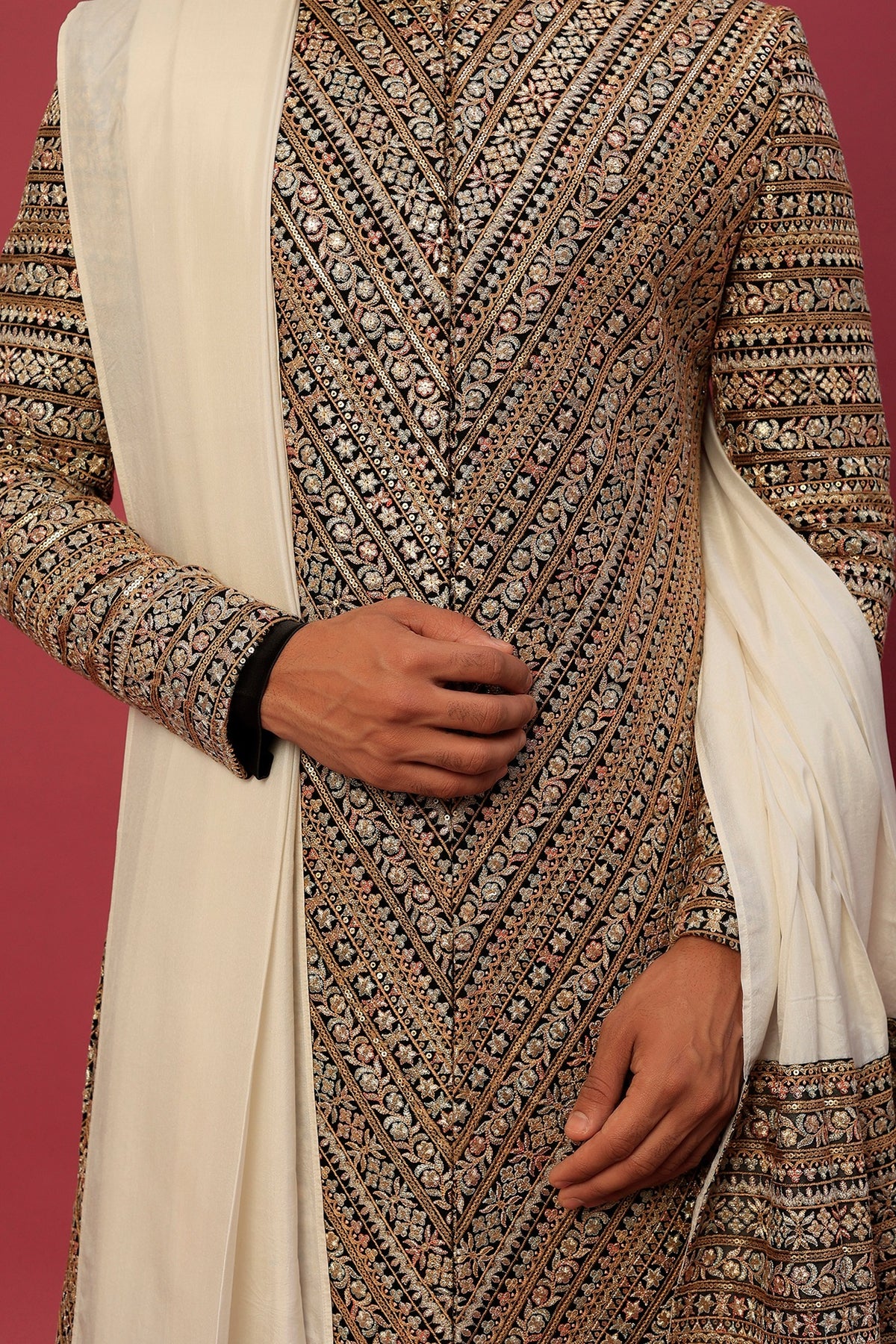 Multi-Colored Georgette Herringbone Embroidered Sherwani Set