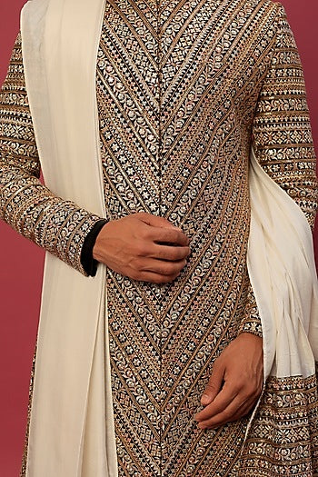 Multi-Colored Georgette Herringbone Embroidered Sherwani Set
