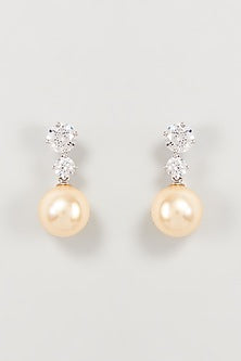 White Finish Swarovski Zirconia & Pearl Dangler Earrings In Sterling Silver