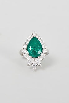 White Finish Synthetic Emerald Stone Ring In Sterling Silver