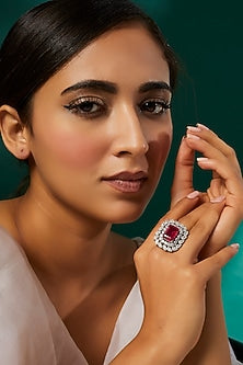 White Finish Synthetic Ruby Stone Ring In Sterling Silver