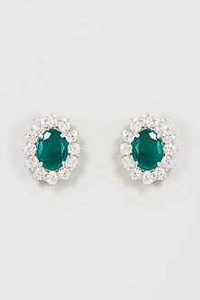 White Finish White & Green Swarovski Zirconia Earclips In Sterling Silver