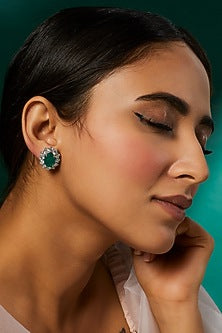 White Finish White & Green Swarovski Zirconia Earclips In Sterling Silver