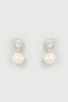 White Finish Swarovski Zirconia & Pearl Dangler Earrings In Sterling Silver