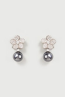 White Finish Swarovski Zirconia & Black Pearl Dangler Earrings In Sterling Silver
