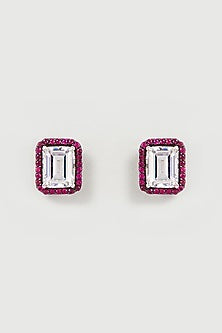 White Finish Red & White Swarovski Zirconia Stud Earrings In Sterling Silver