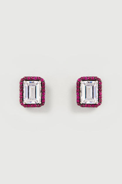 White Finish Red & White Swarovski Zirconia Stud Earrings In Sterling Silver