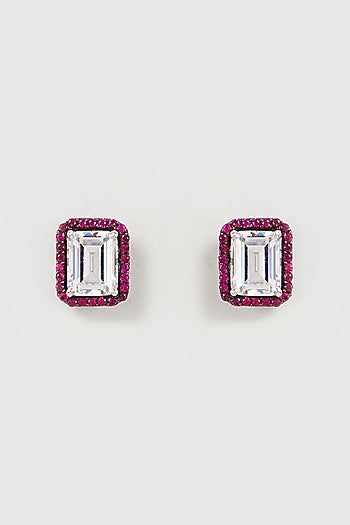 White Finish Red & White Swarovski Zirconia Stud Earrings In Sterling Silver