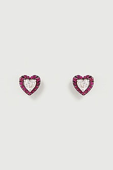 White Finish Red & White Swarovski Zirconia Stud Earrings In Sterling Silver