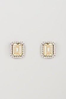 White Finish Yellow Swarovski Zirconia Stud Earrings In Sterling Silver