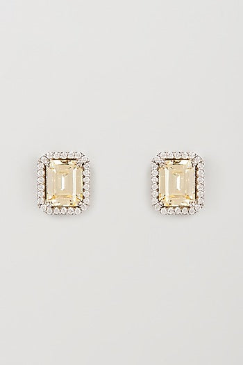 White Finish Yellow Swarovski Zirconia Stud Earrings In Sterling Silver