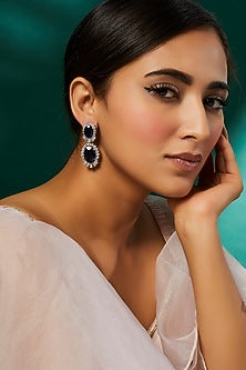 White Finish White & Blue Swarovski Zirconia Chandelier Earrings In Sterling Silver