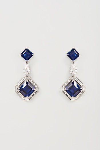 White Finish White & Blue Swarovski Zirconia Dangler Earrings In Sterling Silver