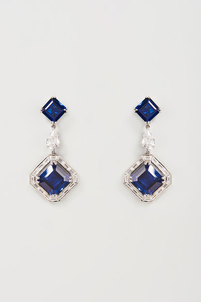 White Finish White & Blue Swarovski Zirconia Dangler Earrings In Sterling Silver