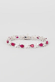 White Finish White & Red Swarovski Zirconia Bracelet In Sterling Silver