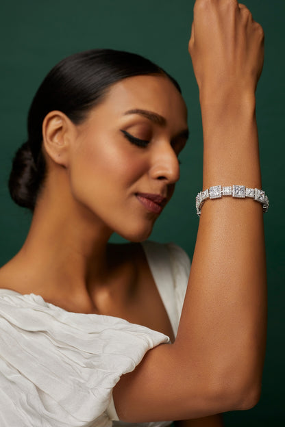 White Finish Swarovski Zirconia Cuff Bracelet In Sterling Silver