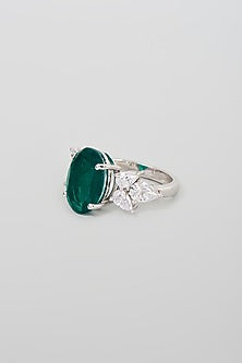White Finish White & Green Swarovski Zirconia Cocktail Ring In Sterling Silver