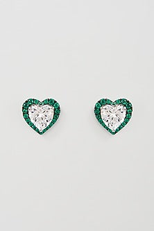 White Finish Green & White Swarovski Zirconia Stud Earrings In Sterling Silver