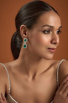 White Finish Synthetic Emerald Stone Dangler Earrings In Sterling Silver