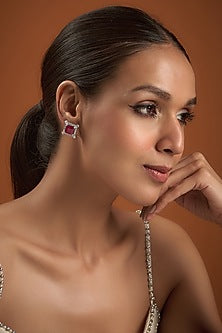 White Finish Zircon & Synthetic Ruby Stone Stud Earrings In Sterling Silver
