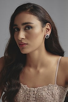 White Finish Zircon & Synthetic Sapphire Stone Stud Earrings In Sterling Silver