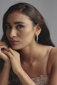 White Finish Zircon & Synthetic Emerald Stone Dangler Earrings In Sterling Silver