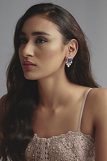 White Finish Zircon & Synthetic Sapphire Stone Stud Earrings In Sterling Silver
