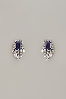 White Finish Zircon & Synthetic Sapphire Stone Stud Earrings In Sterling Silver