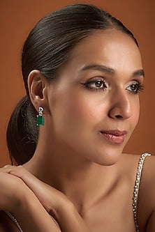 White Finish Synthetic Emerald Stone Dangler Earrings In Sterling Silver