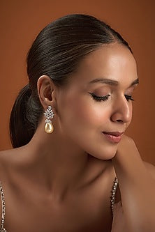 White Finish Zircon & Pearl Dangler Earrings In Sterling Silver