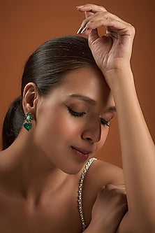 White Finish Synthetic Emerald Stone Dangler Earrings In Sterling Silver
