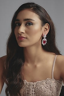 White Finish Zircon & Synthetic Ruby Stone Dangler Earrings In Sterling Silver