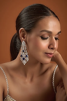 White Finish Zircon & Synthetic Sapphire Stone Dangler Earrings In Sterling Silver