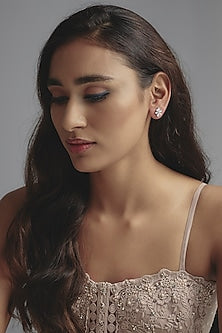 White Finish Swarovski Zirconia Stud Earrings In Sterling Silver
