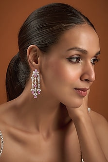 White Finish Pink & White Swarovski Zirconia Dangler Earrings In Sterling Silver
