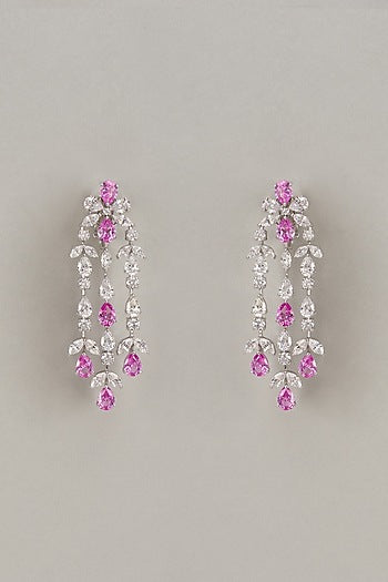 White Finish Pink & White Swarovski Zirconia Dangler Earrings In Sterling Silver