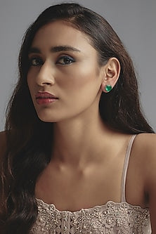 White Finish Green & White Swarovski Zirconia Heart Shaped Stud Earrings In Sterling Silver