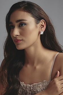 White Finish Princess Cut Swarovski Zirconia Stud Earrings In Sterling Silver