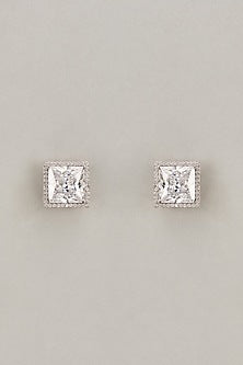 White Finish Princess Cut Swarovski Zirconia Stud Earrings In Sterling Silver