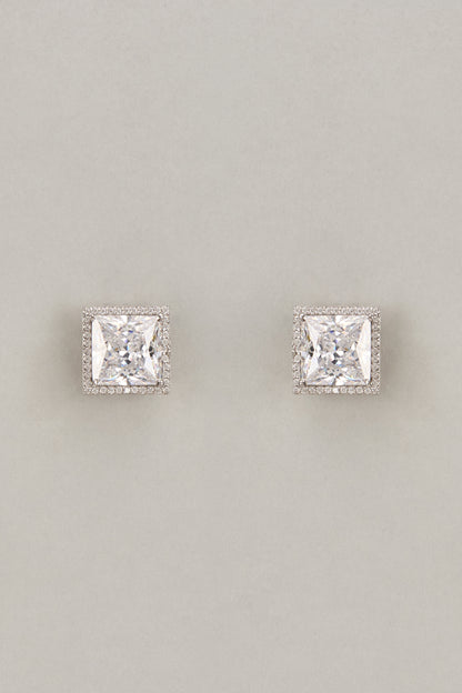 White Finish Princess Cut Swarovski Zirconia Stud Earrings In Sterling Silver