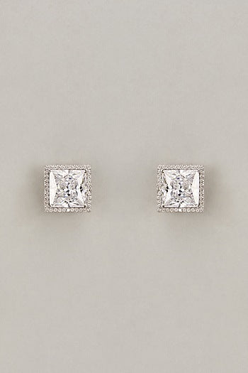 White Finish Princess Cut Swarovski Zirconia Stud Earrings In Sterling Silver