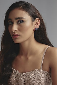 White Finish Synthetic Sapphire Stone Heart Shaped Stud Earrings In Sterling Silver