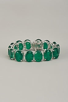 White Finish Oval Cut Emerald Synthetic Stone Bracelet In Sterling Silver